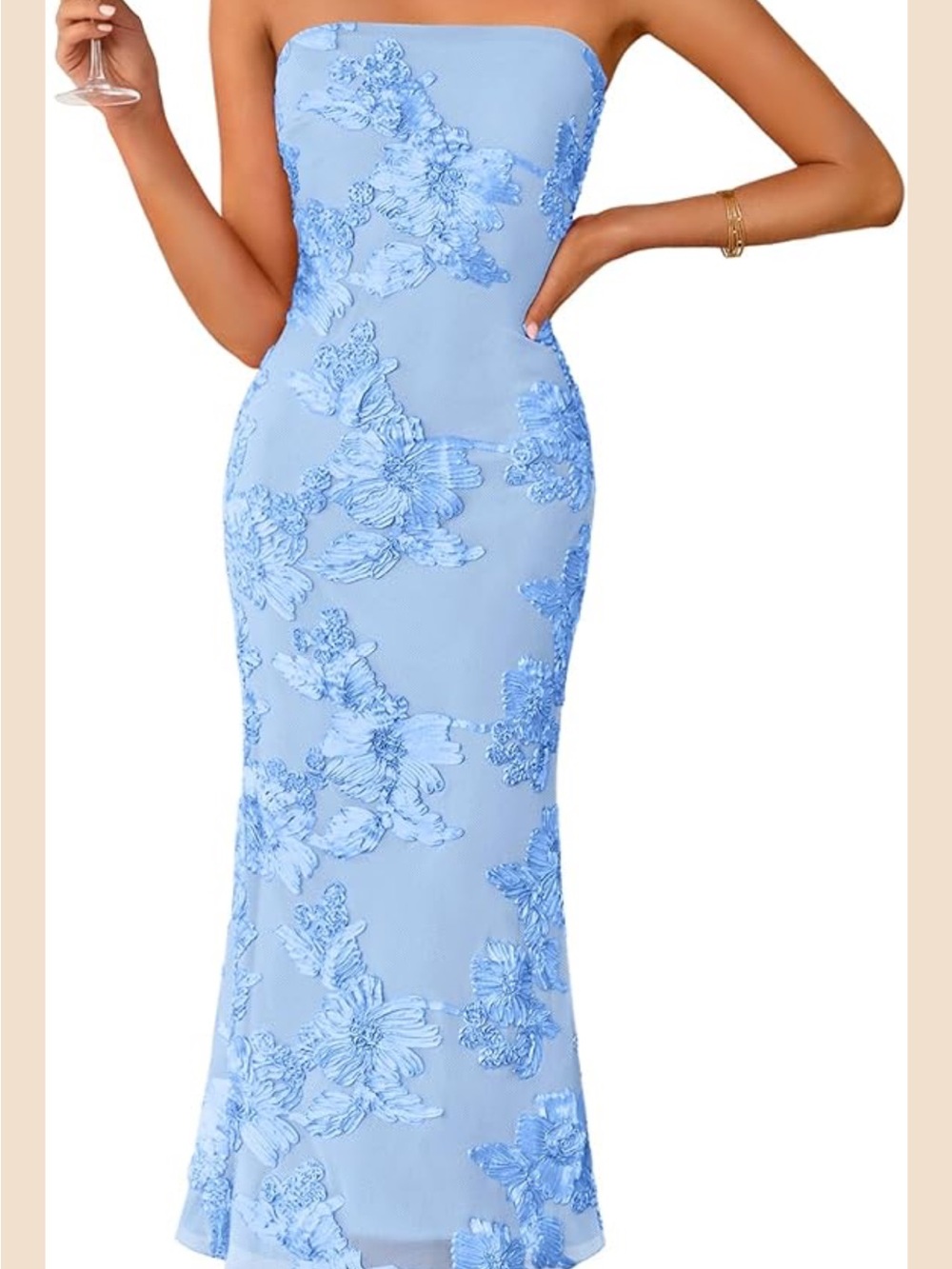 Strapless Light Blue Floral Appliqué Evening Gown